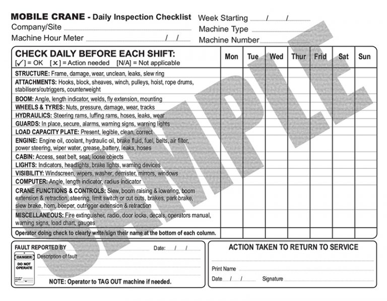 Pre start Daily Inspection Checklist for Mobile and Vehicle Loading Cranes