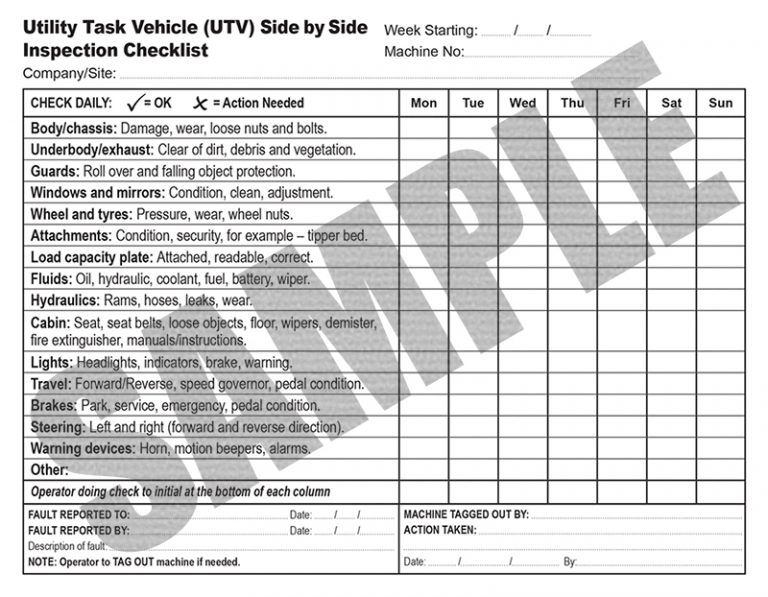 Pre start Daily Inspection Checklist for Utility Task Vehicle